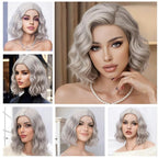 BUFASHION 14" Women Short Silver Kinky Straight Cosplay Synthetic Wigs With Air Bangs 46 Colors Available (Silver)