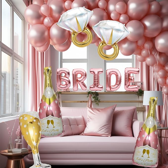 9 Pcs Bride Balloons, Huge Rose Gold Champagne Bottle Goblet Aluminum Foil - Image 3