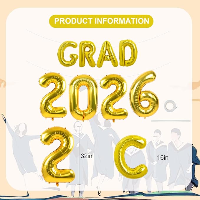 TONIFUL Graduation Balloons 16 Inch Gold Grad Balloons 40 Inch Gold Large - Image 2