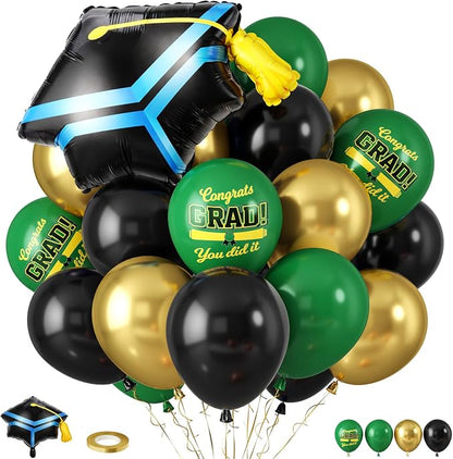 Green Black Graduation Balloons, Dark Green Gold Black Balloons by Paready