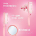 Mini Detangler Travel Hair Brush with Mirror, Makaron Hair Brushes for Women, Men and Kids, Unique 3D Flexible Design for All Hair Types, Styling Accessory, Travel Essentials for Women (PINK)