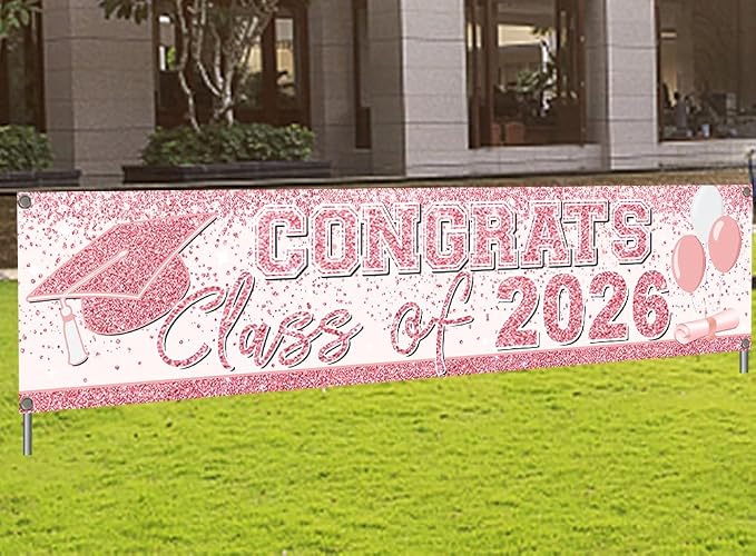 Pink Graduation Party Decorations Class of 2026 Banner Congrats Grad | Rose by mokejaparty