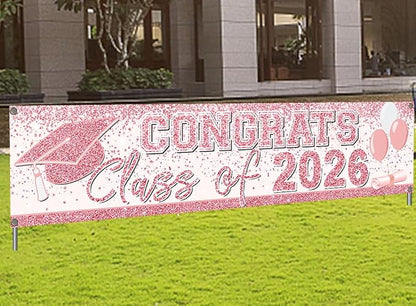 Pink Graduation Party Decorations Class of 2026 Banner Congrats Grad | Rose by mokejaparty