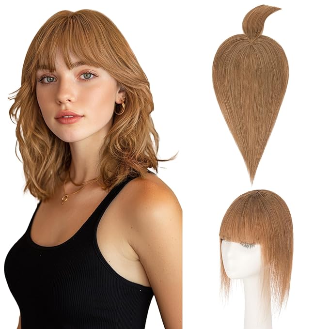 Hairro Mono Hair Toppers with Bangs, 3.4" x 3.4" Mono Base 100% Real Human Hairpieces for Women, 150% Density Clips In Topper for Greyish Thinning Hair, 20 Inch Blondish Brown