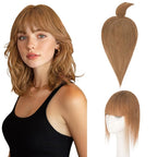 Hairro Mono Hair Toppers with Bangs, 3.4" x 3.4" Mono Base 100% Real Human Hairpieces for Women, 150% Density Clips In Topper for Greyish Thinning Hair, 18 Inch Blondish Brown
