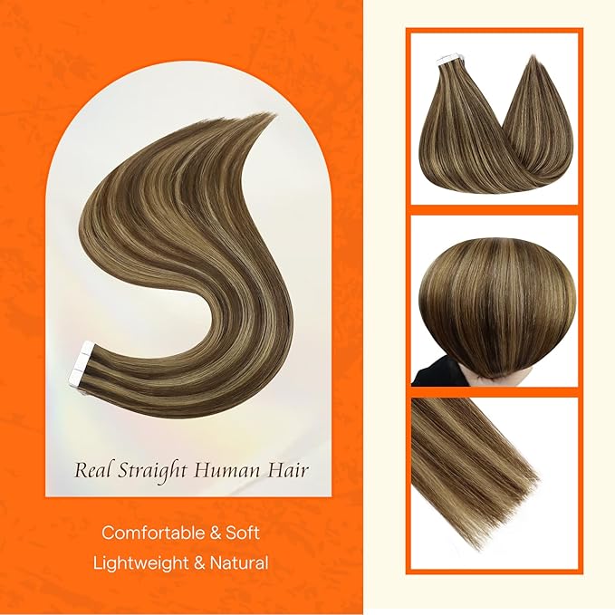 Full Shine Tape in Hair Extensions Color 4 Brown with 27 Blonde Highlights Remy Tape Ins Hair Human Hair Extensions Seamless Extensions 12 Inch Short Hair 20Pcs 30Grams Add Volume