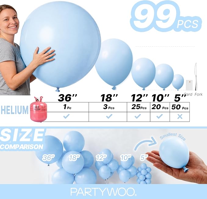 PartyWoo Baby Blue Balloons 99pcs Different Sizes of 36 18 12 10 5 Inch Light - Image 6
