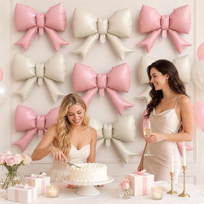 8Pcs Pink White Bow Foil Balloons, 21Inch Pink and White Bow Shaped Balloons - Image 3