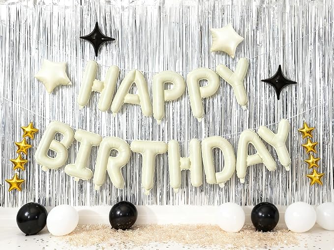 Cream Happy Birthday Balloons Banner Sign Mylar letter Party Decoration | - Image 2
