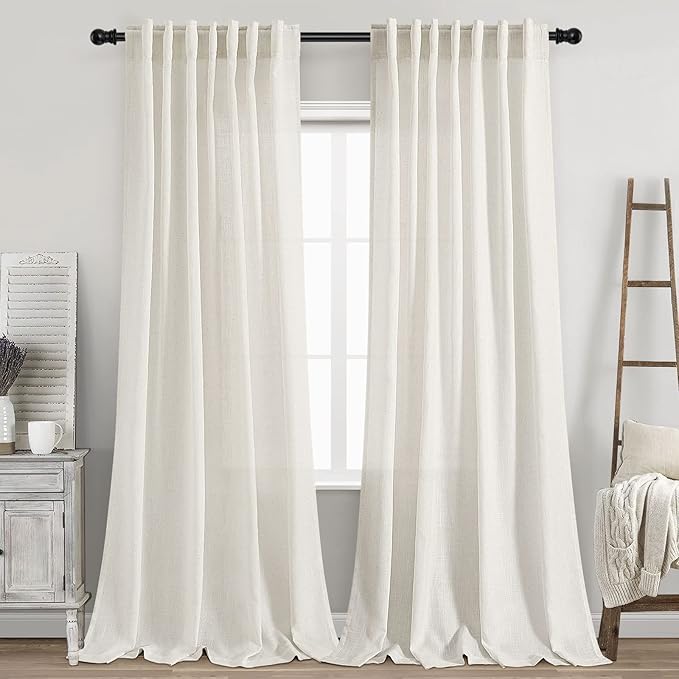 Back Tab Linen Curtains 96 inches Long 2 Panels Set by Nanspring