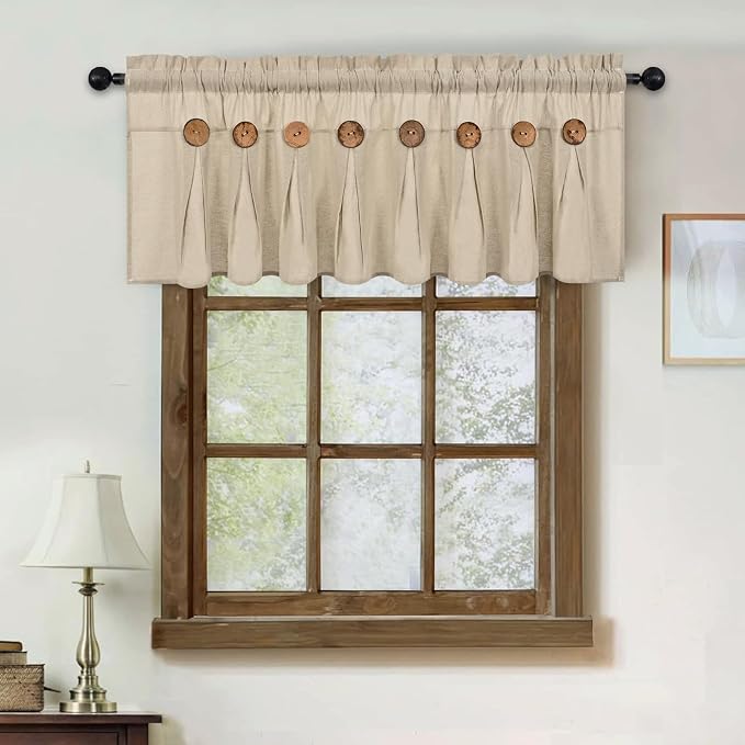 Farmhouse Valance Curtains, Boho Cotton Linen Kitchen Valance, Rustic Button - Image 3