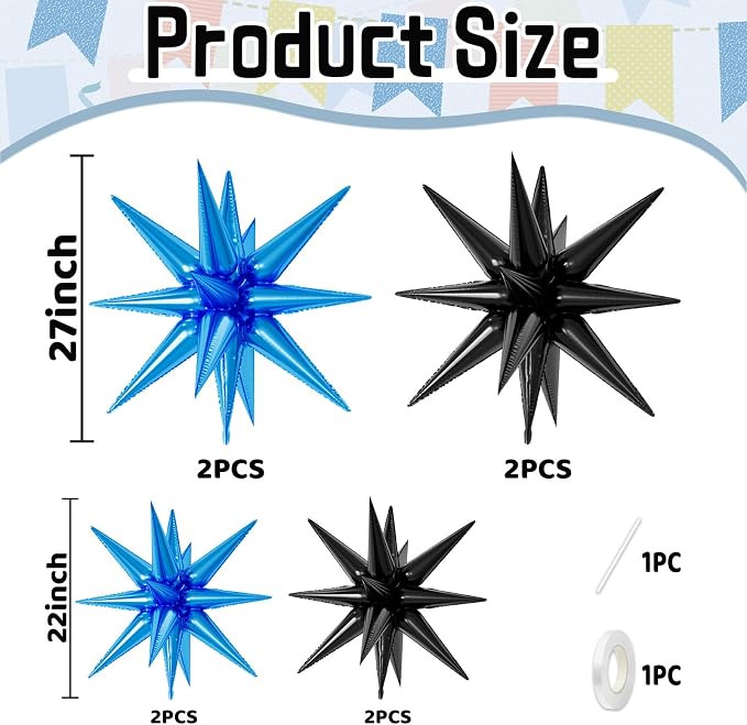 22/27 Inch Blue Black Star Balloons, Cone Spike Balloon, Aluminum Foil Balloon - Image 2