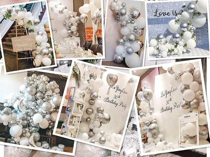 White and Silver Balloons Garland Arch Kit 5"10 Inch 12" White Silver Metallic - Image 5
