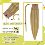 RUNATURE Real Human Hair Ponytail Blonde, 20 Inch Ponytail Extension Human Hair, Long Hair Ponytail Extension, Pony Tail Wrap Around, Remy Natural Hair Add Length, 80g #16P24 Golden Blonde Highlight