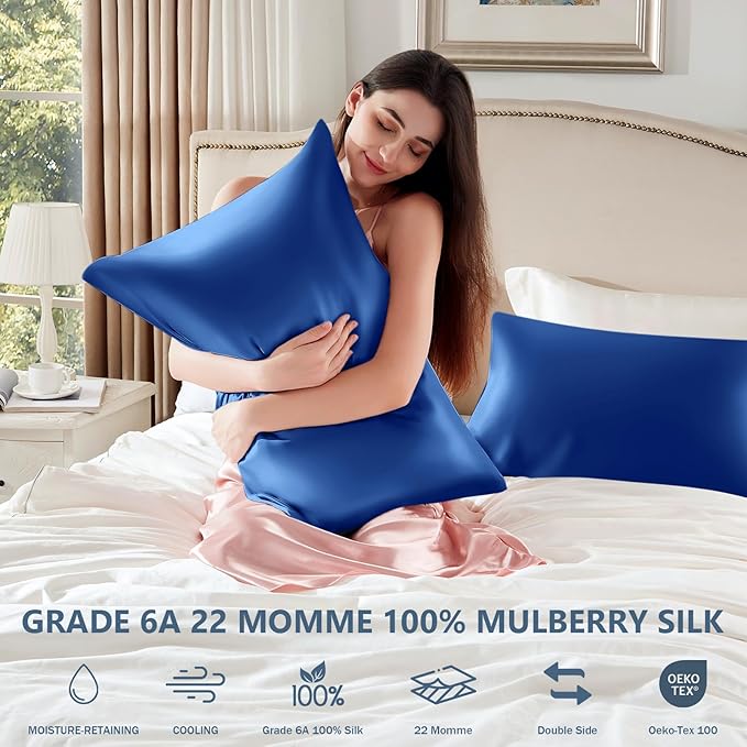 Silk Pillow Cases King Size 100% Mulberry Silk Pillowcase for Hair & Skin 22 Momme Both Sided Grade 6A Silk Cooling Soft Breathable 20 x 36 Inches with Hidden Zipper 1PC, Royal Blue