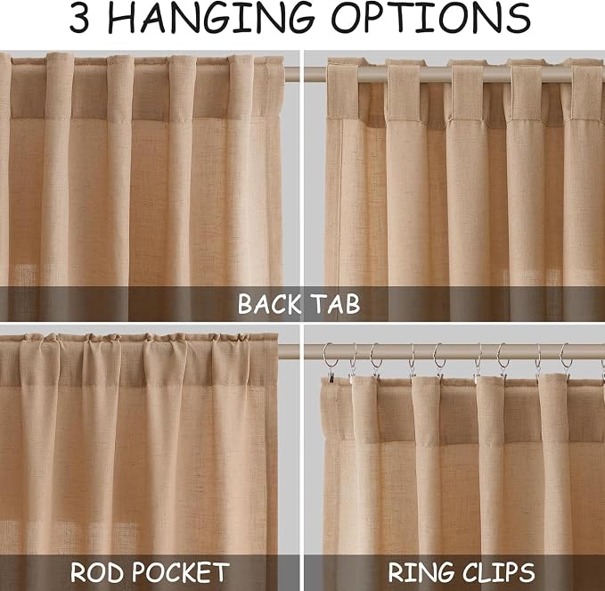 Camel Linen Curtains for Living Room Extra Long 112 Inches Long Back Tab Light - Image 2