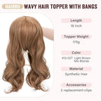 Hairro 18 Inch Long Hair Toppers Wavy with Side Bangs for Women, Clips In Synthetic Hairpieces Capless, for Adding Volume/Birthday/Party/Halloween/Cosplay Dress Up, Light Brown Mix Blonde