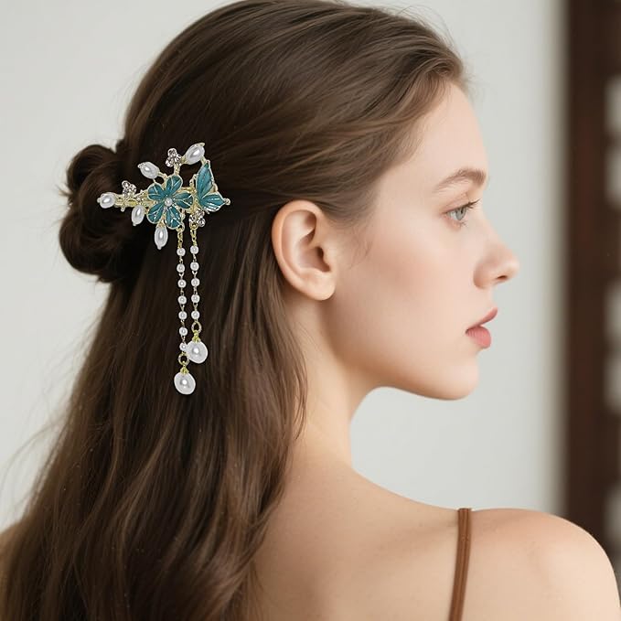 Camellia Flower Hair Clips for Women Vintage Pearl Tassel Barrettes Wedding Birthday Mother's Day Hair Decoration