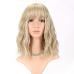 FAELBATY Blonde Wave Short Bob Wigs With Air Bangs Shoulder Length Wig For Women and Girls Curly Wavy Synthetic Cosplay Costume Wig (12" Mix blonde and gold)