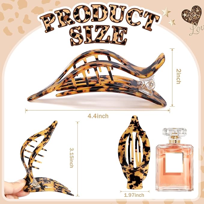 2 Pack Hair Clips for Women French Flat Claw Clips Celluloid Leopard Print Barrettes Nonslip Claw Clips Side Slide Volume Clips for Girls