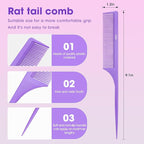Rat Tail Comb2-in-1 Fine Tooth Parting Comb & Root Teasing Comb for Women - Carbon Fiber, Anti-Static, Purple & Black