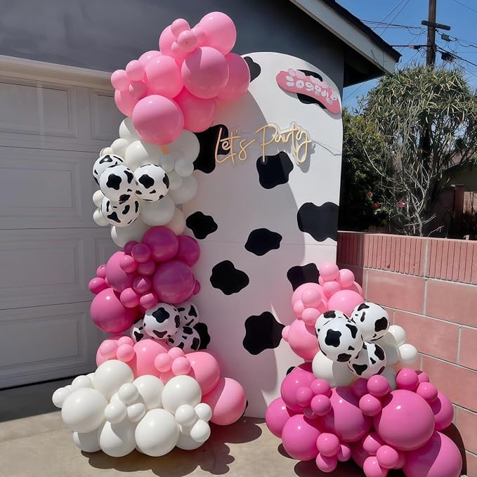 Cowgirl Balloons, 12 Inch Hot Pink Pastel Pink White Cow Print Balloon - Image 3