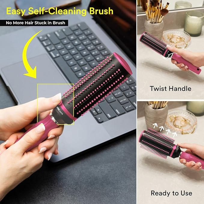 Hair Brushes for Women - Self Cleaning Blow Dryer Brush Detangler Round Brush Roller Retractable Travel Hairbrush Pink Birthday Gifts