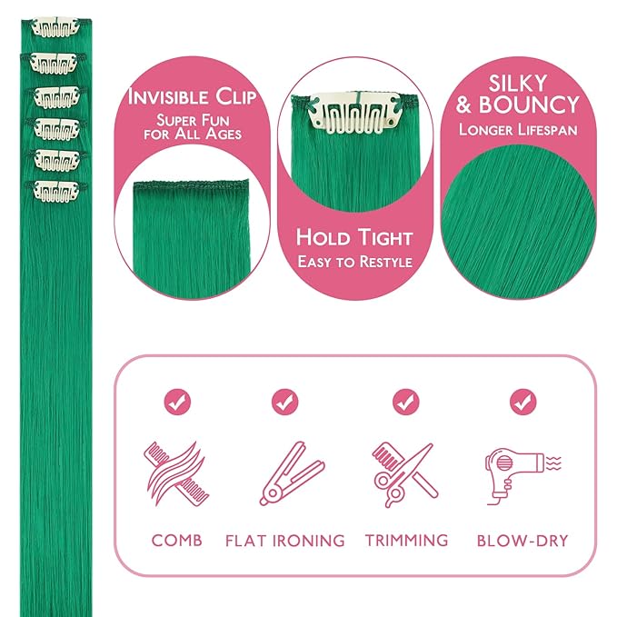 WENNALIFE Green Clip in Hair Extensions Real Human Hair 35g 6pcs 24 Inch Colored Hair Extensions for Kids Women Colorful Hair Pieces Pop-up Style Straight Extensiones De Cabello Humano Con Clip