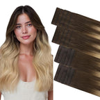 GOO GOO Invisi Edge Tape in Hair Extensions Human Hair, 4/18 Balayage Chocolate Brown Highlighted Dirty Blonde 10pcs injected with 10pcs classical tape ins, 16inch 50g, Virgin Remy Hair, Natural Look
