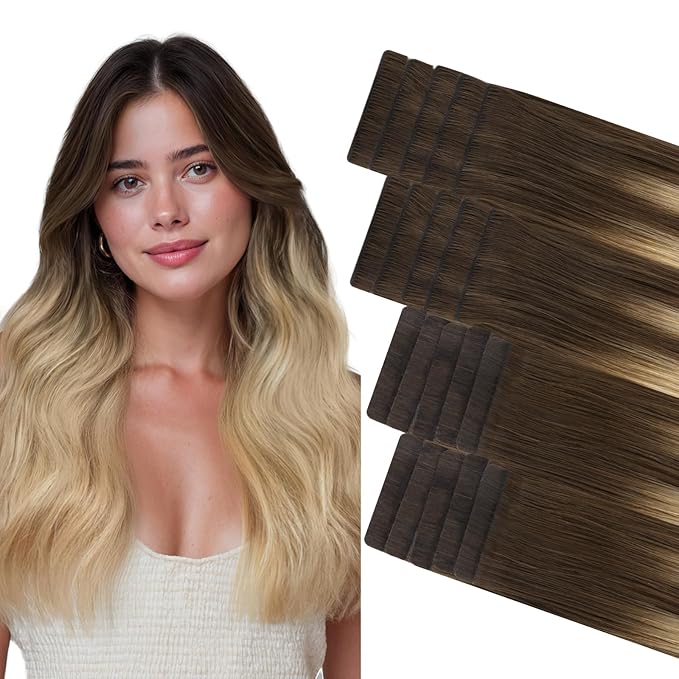 GOO GOO Invisi Edge Tape in Hair Extensions Human Hair, 4/18 Balayage Chocolate Brown Highlighted Dirty Blonde 10pcs injected with 10pcs classical tape ins, 16inch 50g, Virgin Remy Hair, Natural Look