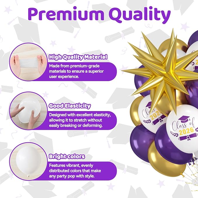 60pcs Purple Gold Graduation Balloons, Class Of 2026 Hat Printed Balloon - Image 3