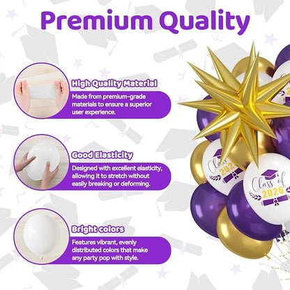 60pcs Purple Gold Graduation Balloons, Class Of 2026 Hat Printed Balloon - Image 3