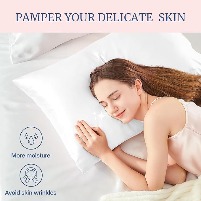 BEDELITE Satin Pillowcase for Hair and Skin, Super Soft and Cooling Similar to Silk Pillow Cases 2 Pack with Envelope Closure, Gift for Women Men(20"x30" Queen Size, White)