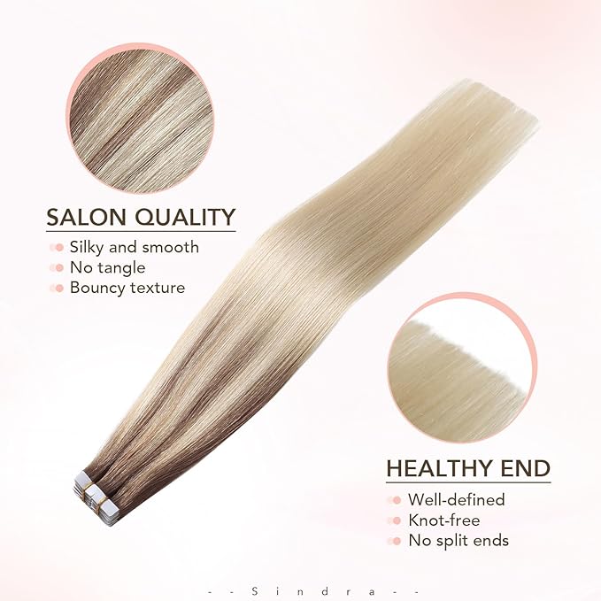 Sindra Invisible Tape in Human Hair Extensions Ash Brown to Platinum Blonde Injected Tape-ins Straight Seamless Invisible Extensions Straight 14 Inch 40g 20pcs