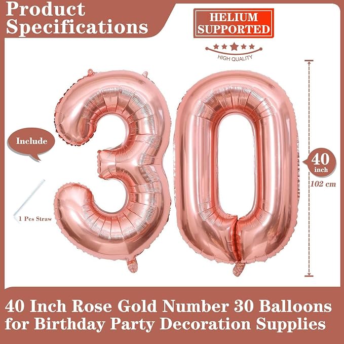 Rose Gold 30 Number Balloons, 40 Inch Giant Number 30 Balloons Foil Mylar - Image 2