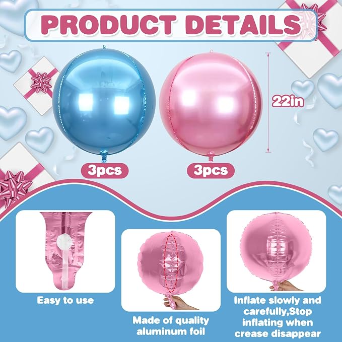 6Pcs Blue Pink Round Foil Balloons, Giant 4D Round Ball Balloon, 22 Inch - Image 2