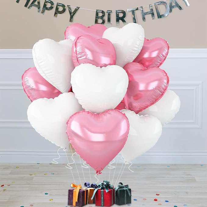 White-Pink Heart Balloons, 18inch Bright Pink Heart Shaped Foil Balloons & - Image 4