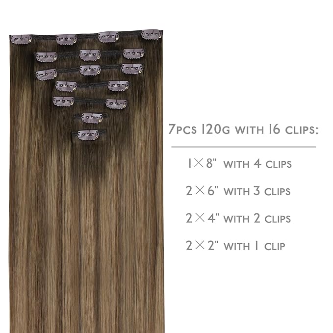 WENNALIFE Clip in Hair Extensions - Real Human Hair, 18 Inch 120g 7pcs, Light Ash Brown to Warm Chocolate Highlighted Caramel Blonde