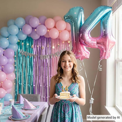 40 Inch Blue Pink Number 14 Balloon, Ombre Foil 14th Birthday Decorations | - Image 2