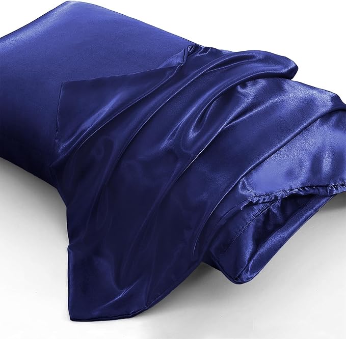 Aormenzy Satin Pillow Cases for Women King Size Set of 2, Navy Blue Satin Pillowcase for Hair with Envelope Closure Silky Pillow Covers Wrinkle, Fade Resistant (20x40 Inches)