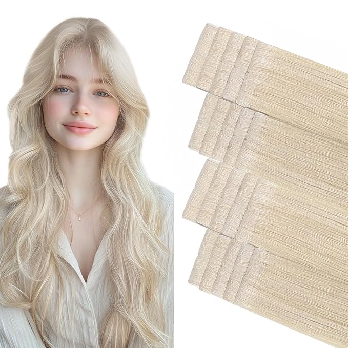 COOKAYU Invisible Tape in Hair Extensions, Invisi Edge Tape in Hair Platinum Blonde 50g 20pcs 22Inch Seamless Human Hair Extensions Straight