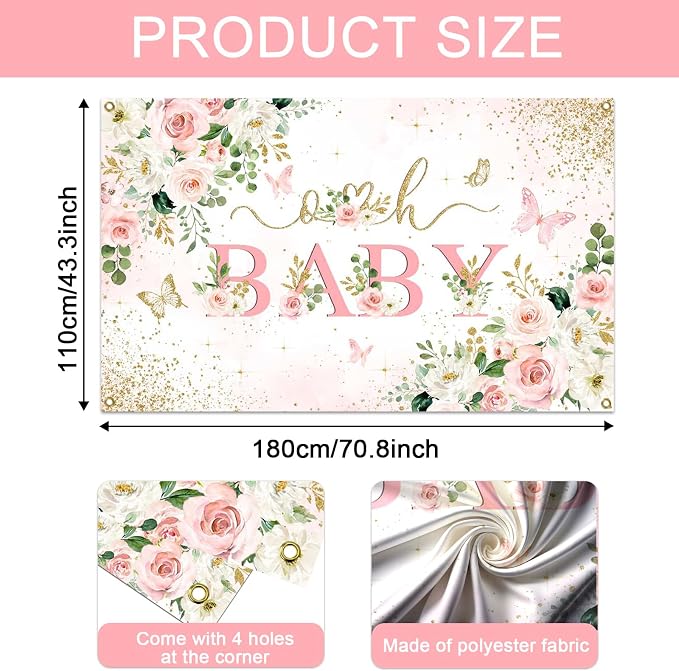 Mocsicka Girl Baby Shower Backdrop Banner Pink Floral Decorations - Image 5