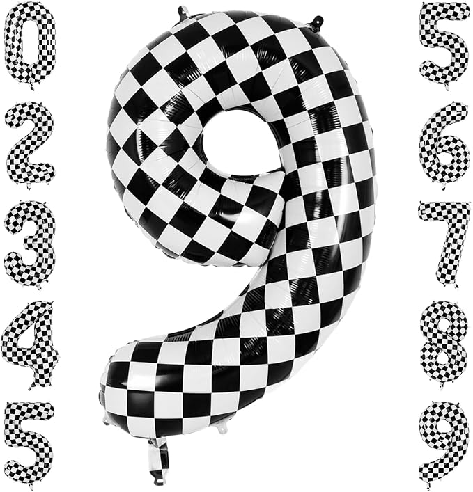 40 Inch Checkered 9 Balloon, Big Mylar Black and White Racing Balloon, Kids 9th by Unknown