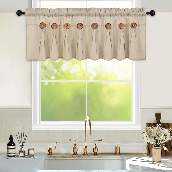 Farmhouse Valance Curtains, Boho Cotton Linen Kitchen Valance, Rustic Button by FRAMICS