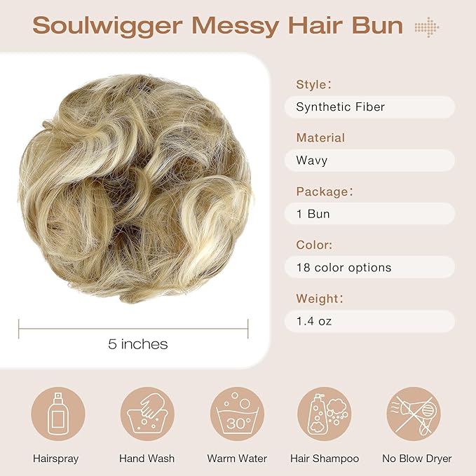 Messy Bun Hair Piece Wavy Curly Scrunchies Fluffy Donut Thick Updo Elegant Chignon Hairpieces for Women Girls, Ash Blonde Mix Bleach Blonde 1.4oz
