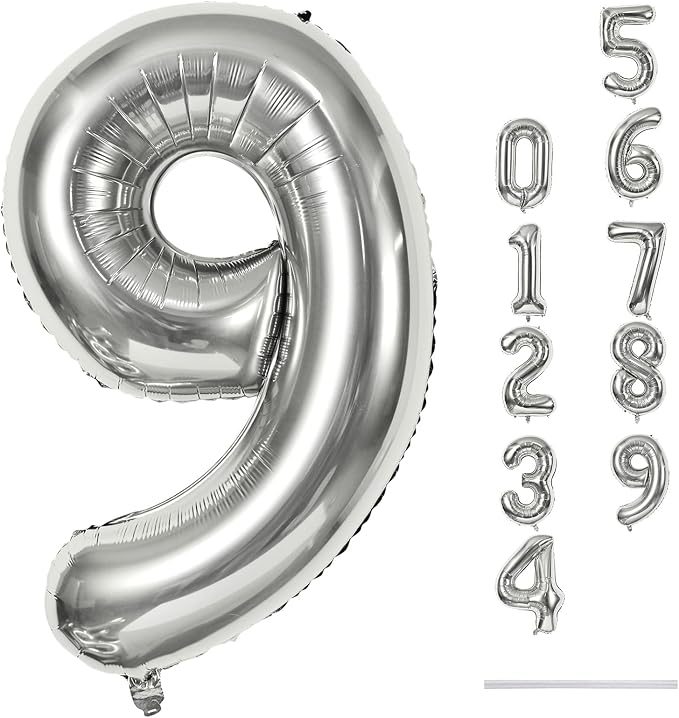 40'' Silver Number 9 Balloons for Women Men, Giant Self Inflating Foil Number by Lingqiang