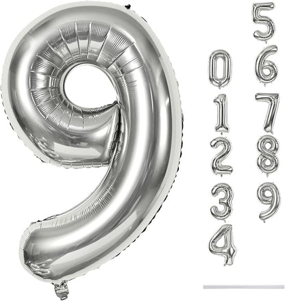 40'' Silver Number 9 Balloons for Women Men, Giant Self Inflating Foil Number by Lingqiang