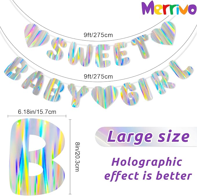 Iridescent Baby Shower Banner for Girl, Pre-Strung Sweet Baby Girl Banner - Image 2