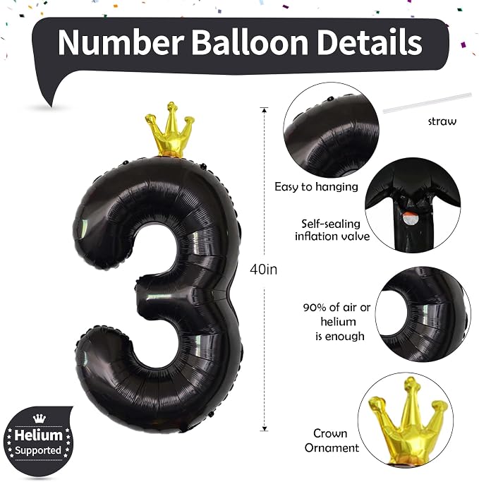 3rd Birthday Number Balloons for Girls, 40 Inch Black Foil Number Balloons - Image 2
