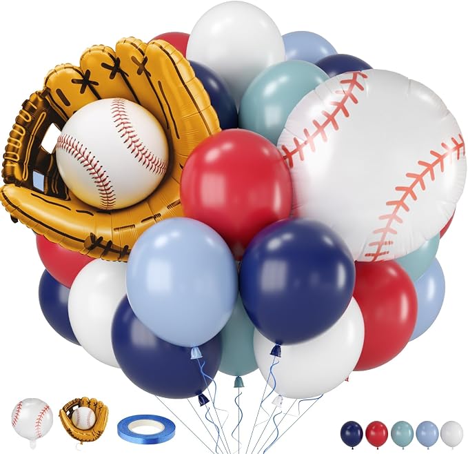 Baseball Balloons, 12 Inch Navy Blue Red White Light Dusty Blue Balloons by Saxuxu
